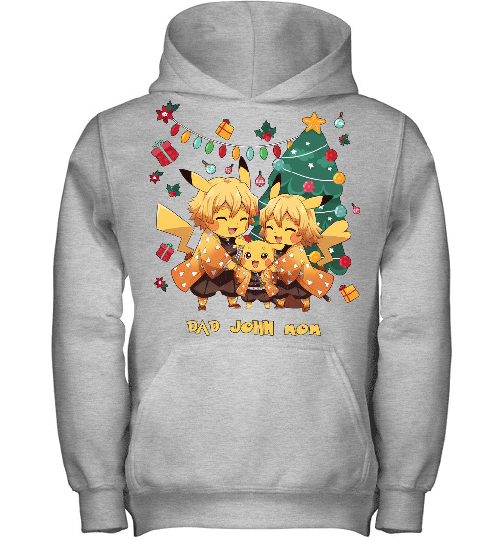 Pikachu x Zenitsu Parents & Son Custom Name Christmas T-Shirt for Family