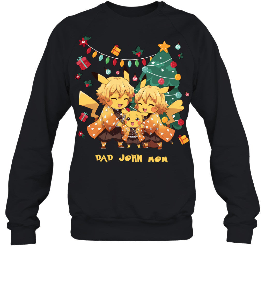 Pikachu x Zenitsu Parents & Son Custom Name Christmas T-Shirt for Family