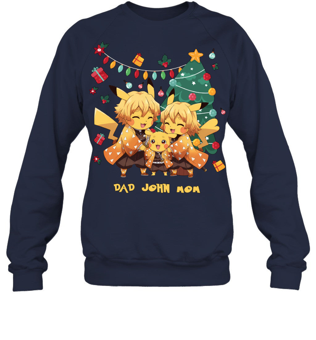 Pikachu x Zenitsu Parents & Son Custom Name Christmas T-Shirt for Family