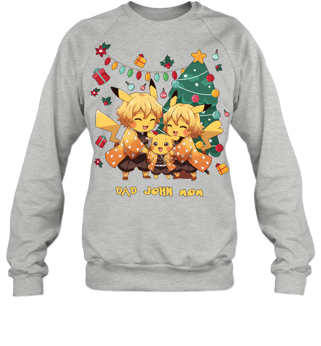 Pikachu x Zenitsu Parents & Son Custom Name Christmas T-Shirt for Family