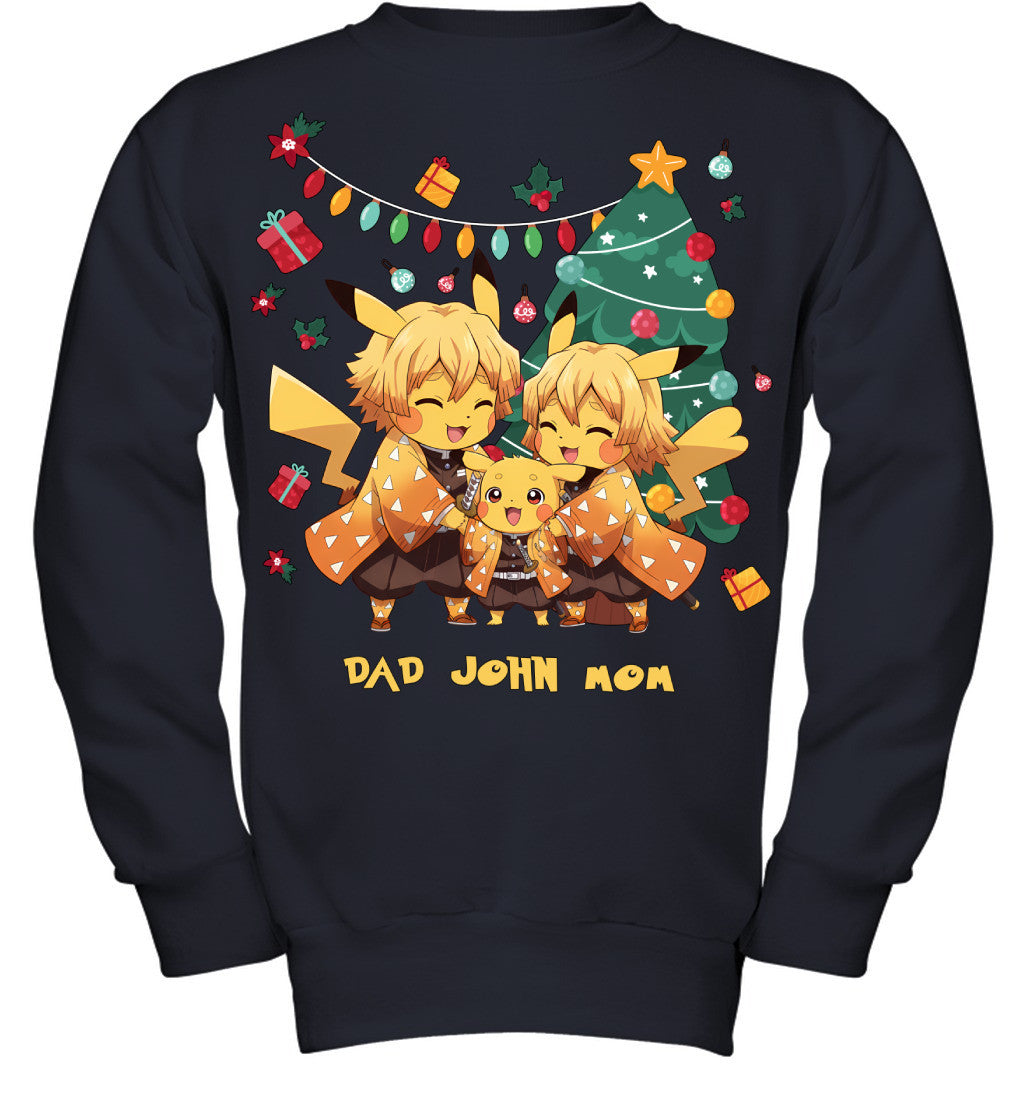 Pikachu x Zenitsu Parents & Son Custom Name Christmas T-Shirt for Family
