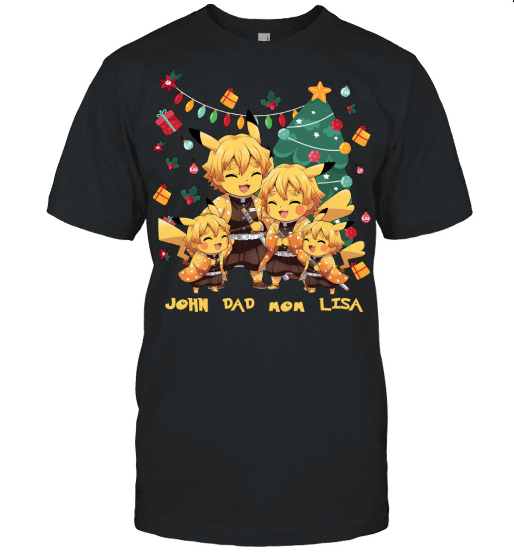 Pikachu x Zenitsu Parents & Kids Custom Name Christmas T-Shirt for Family