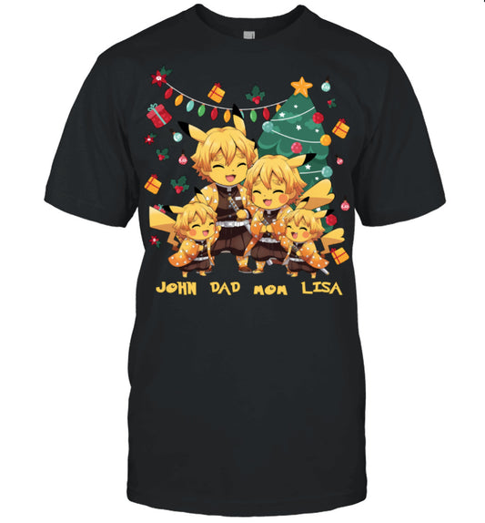 Pikachu x Zenitsu Parents & Kids Custom Name Christmas T-Shirt for Family
