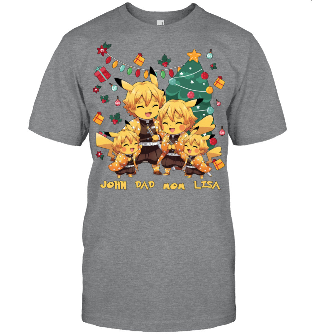 Pikachu x Zenitsu Parents & Kids Custom Name Christmas T-Shirt for Family