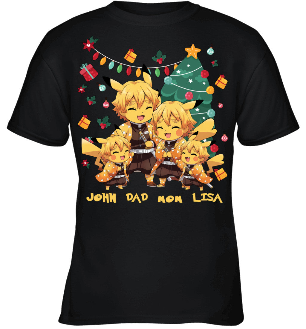 Pikachu x Zenitsu Parents & Kids Custom Name Christmas T-Shirt for Family