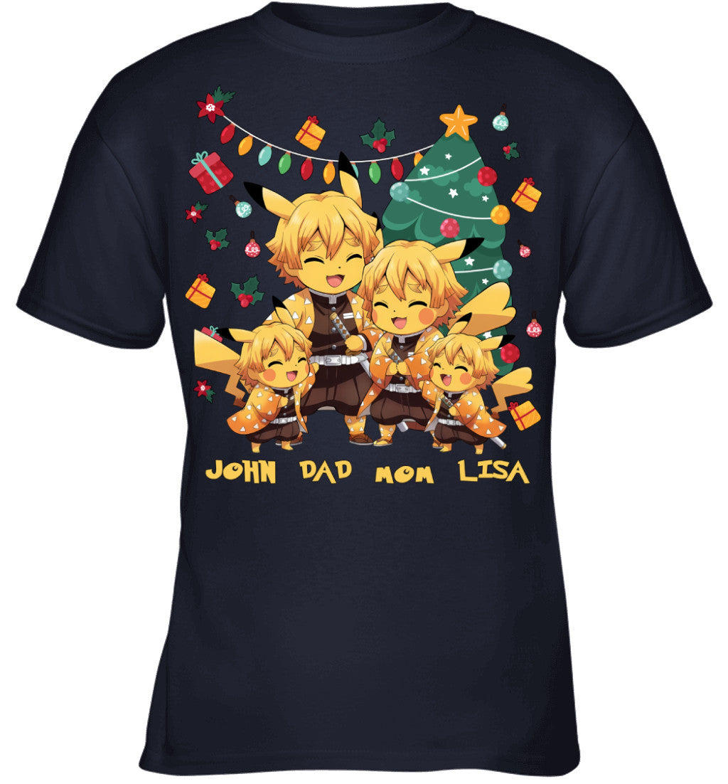 Pikachu x Zenitsu Parents & Kids Custom Name Christmas T-Shirt for Family