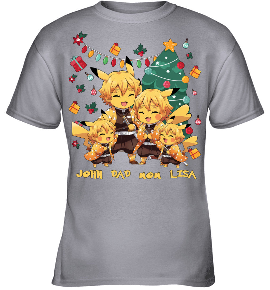 Pikachu x Zenitsu Parents & Kids Custom Name Christmas T-Shirt for Family