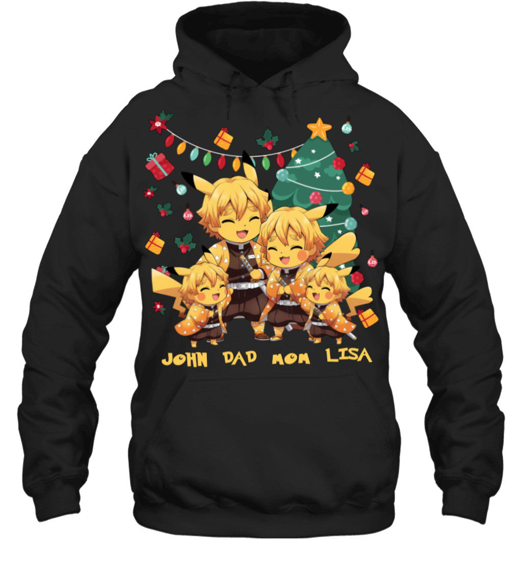 Pikachu x Zenitsu Parents & Kids Custom Name Christmas T-Shirt for Family