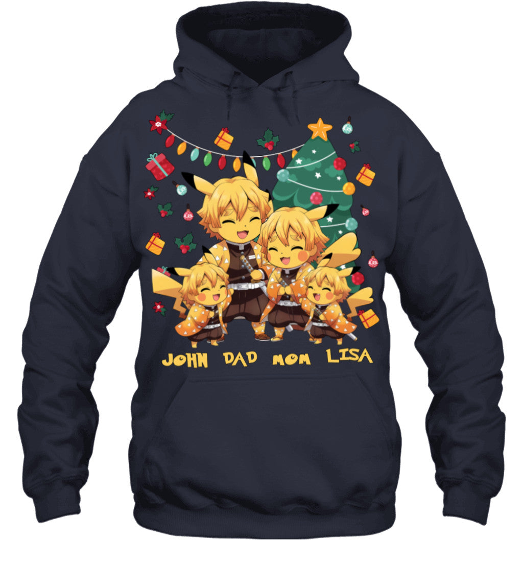Pikachu x Zenitsu Parents & Kids Custom Name Christmas T-Shirt for Family