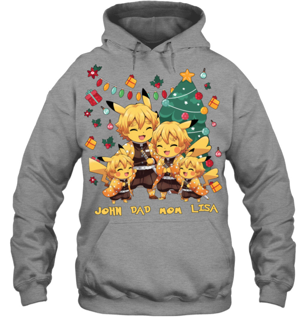 Pikachu x Zenitsu Parents & Kids Custom Name Christmas T-Shirt for Family
