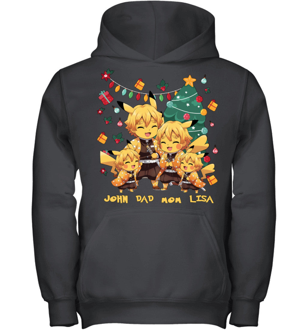 Pikachu x Zenitsu Parents & Kids Custom Name Christmas T-Shirt for Family