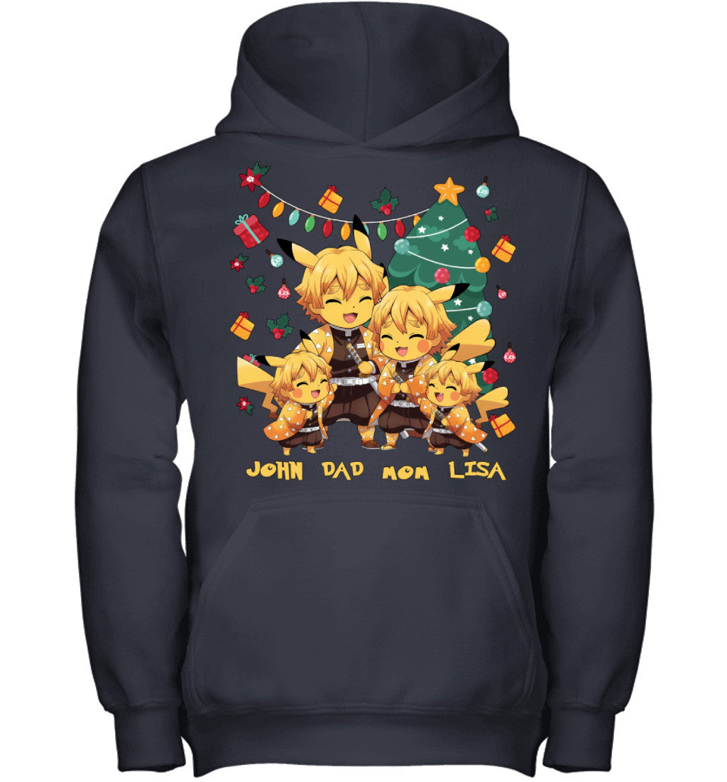 Pikachu x Zenitsu Parents & Kids Custom Name Christmas T-Shirt for Family