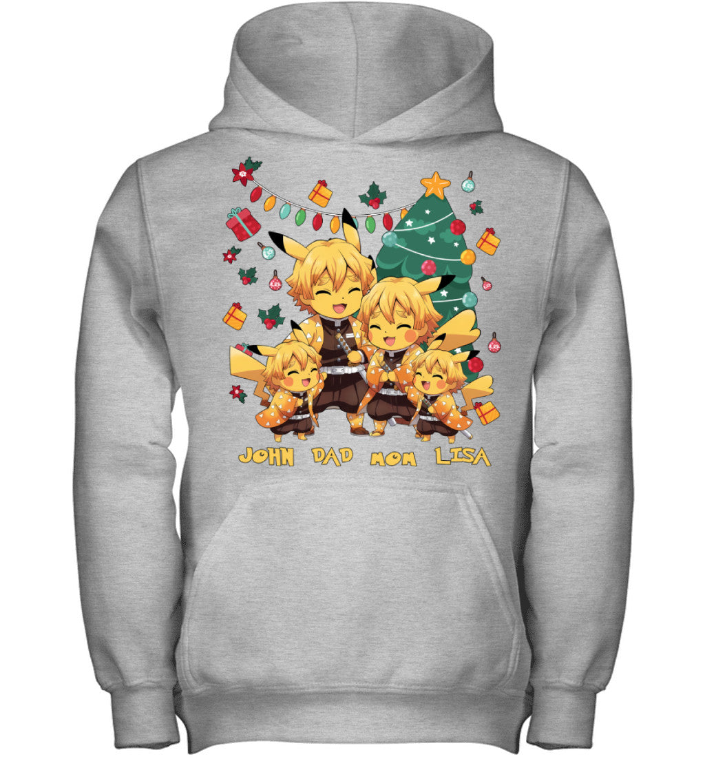 Pikachu x Zenitsu Parents & Kids Custom Name Christmas T-Shirt for Family