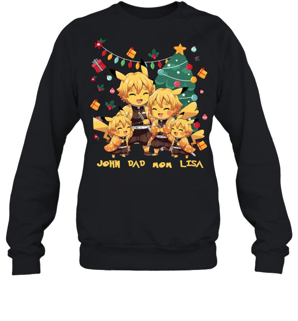 Pikachu x Zenitsu Parents & Kids Custom Name Christmas T-Shirt for Family