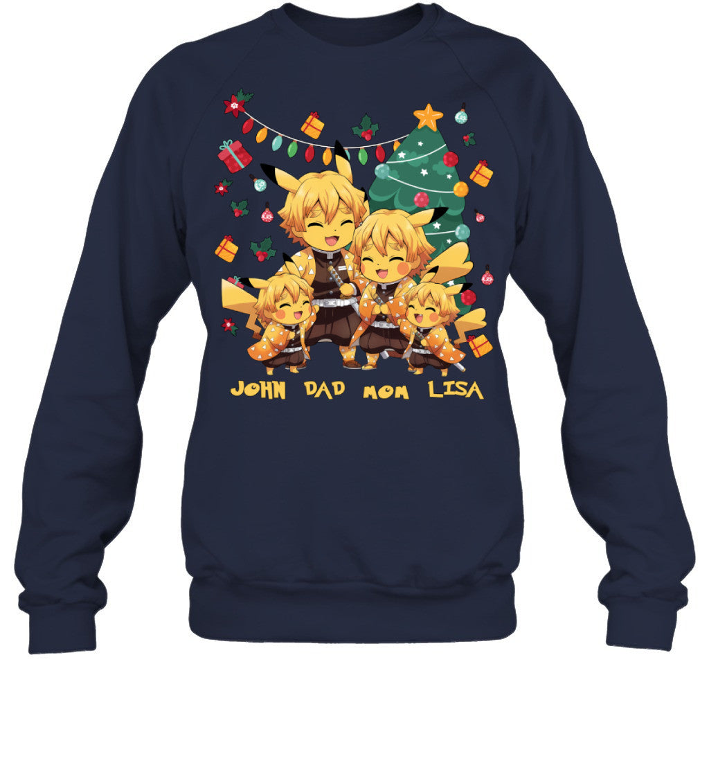 Pikachu x Zenitsu Parents & Kids Custom Name Christmas T-Shirt for Family