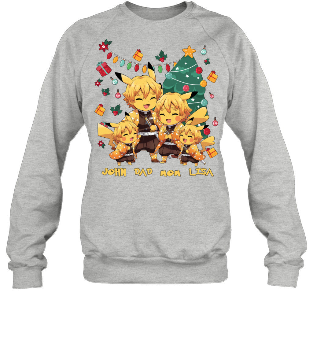 Pikachu x Zenitsu Parents & Kids Custom Name Christmas T-Shirt for Family