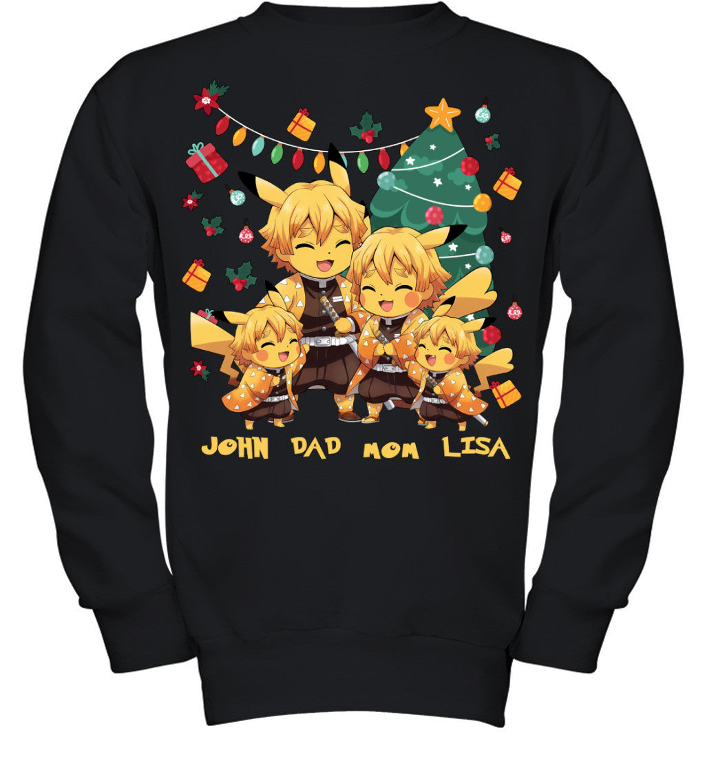 Pikachu x Zenitsu Parents & Kids Custom Name Christmas T-Shirt for Family