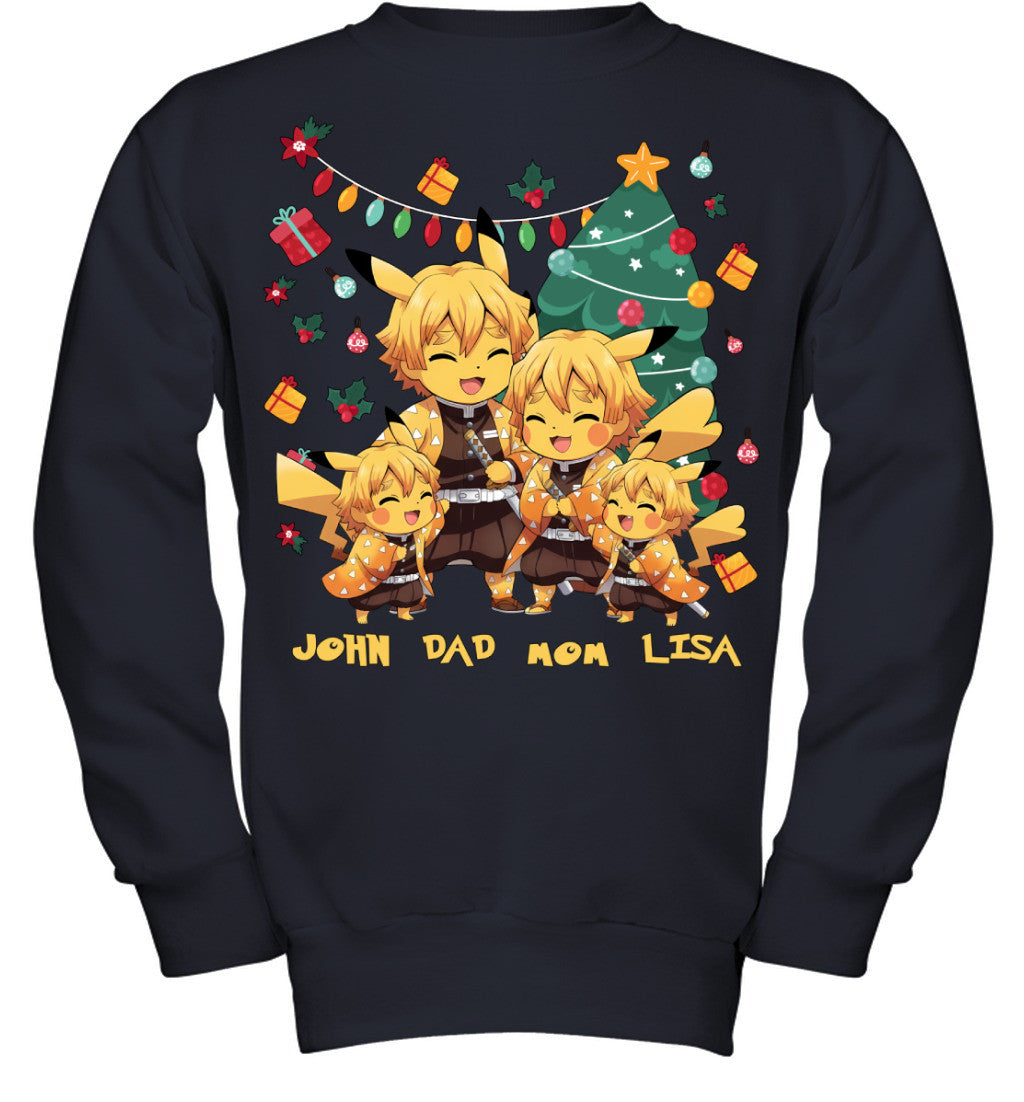 Pikachu x Zenitsu Parents & Kids Custom Name Christmas T-Shirt for Family