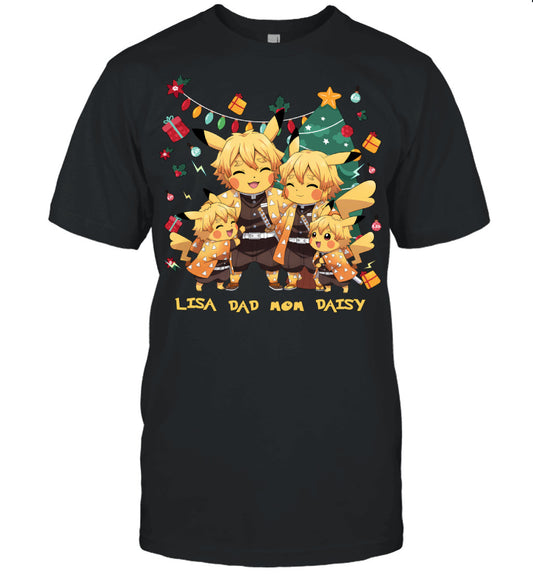 Pikachu x Zenitsu Parents & Daughters Custom Name Christmas T-Shirt for Family
