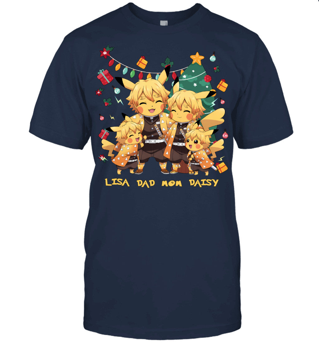 Pikachu x Zenitsu Parents & Daughters Custom Name Christmas T-Shirt for Family