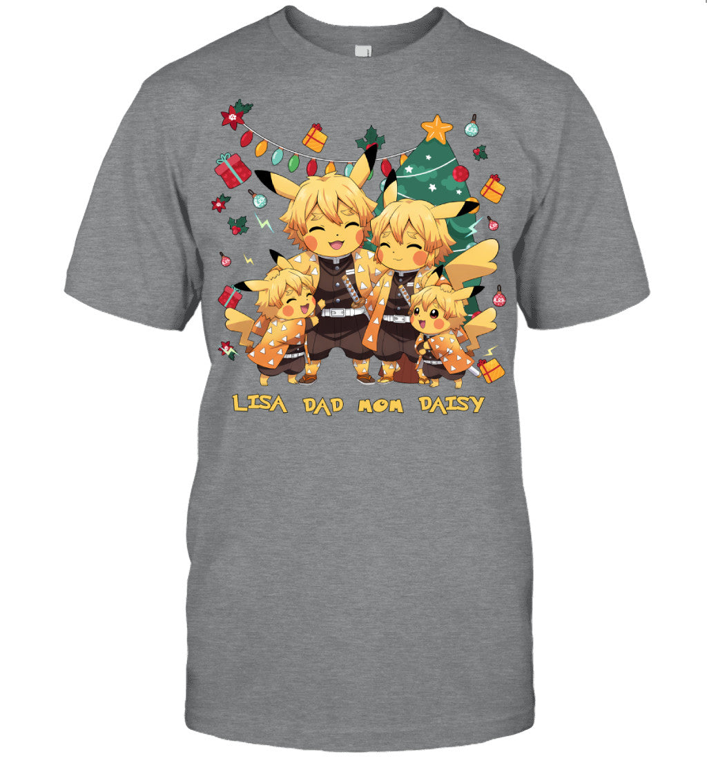 Pikachu x Zenitsu Parents & Daughters Custom Name Christmas T-Shirt for Family