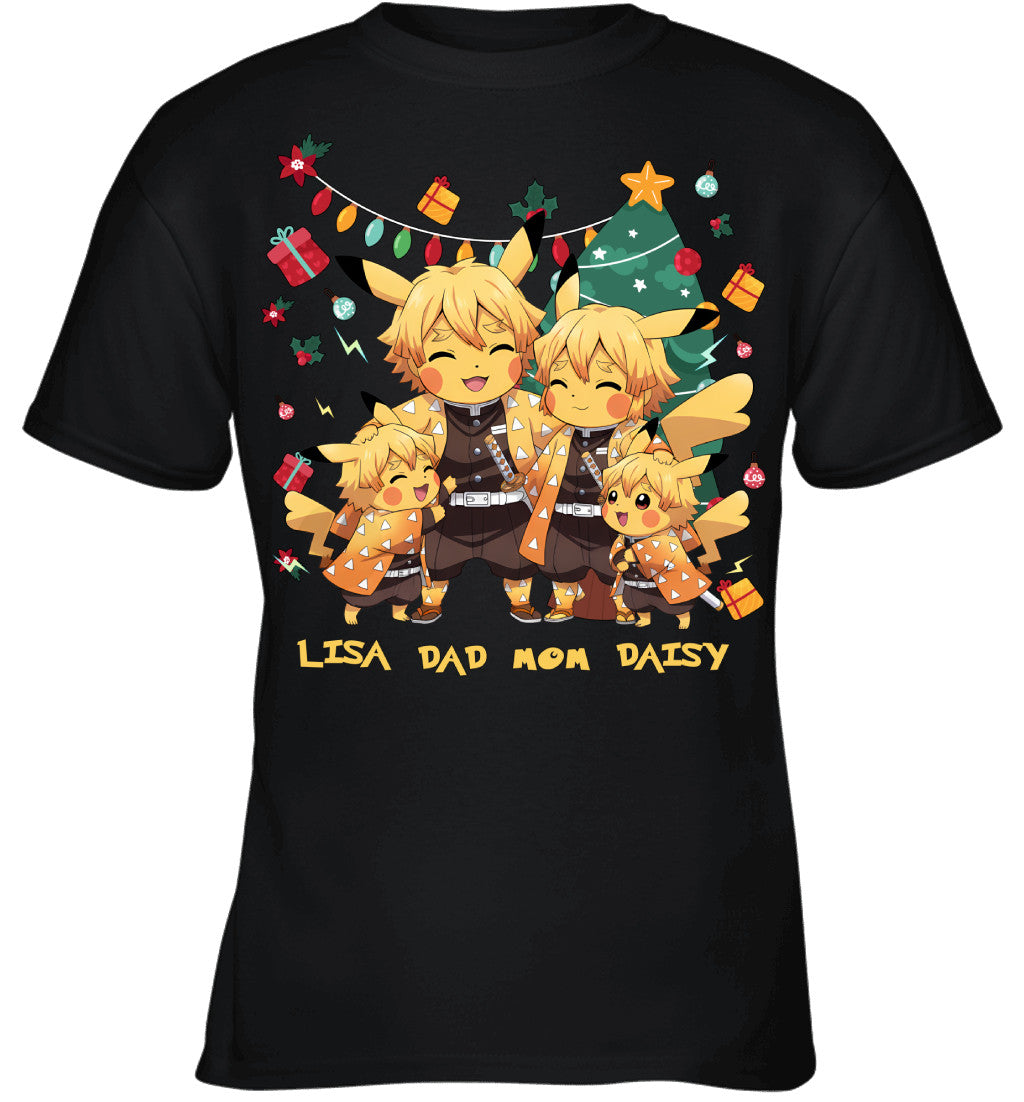Pikachu x Zenitsu Parents & Daughters Custom Name Christmas T-Shirt for Family