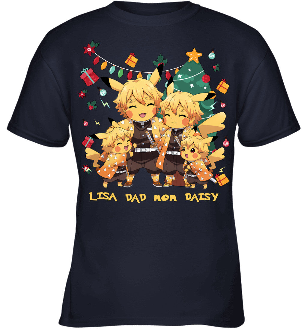 Pikachu x Zenitsu Parents & Daughters Custom Name Christmas T-Shirt for Family