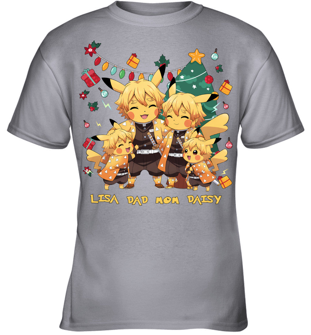 Pikachu x Zenitsu Parents & Daughters Custom Name Christmas T-Shirt for Family