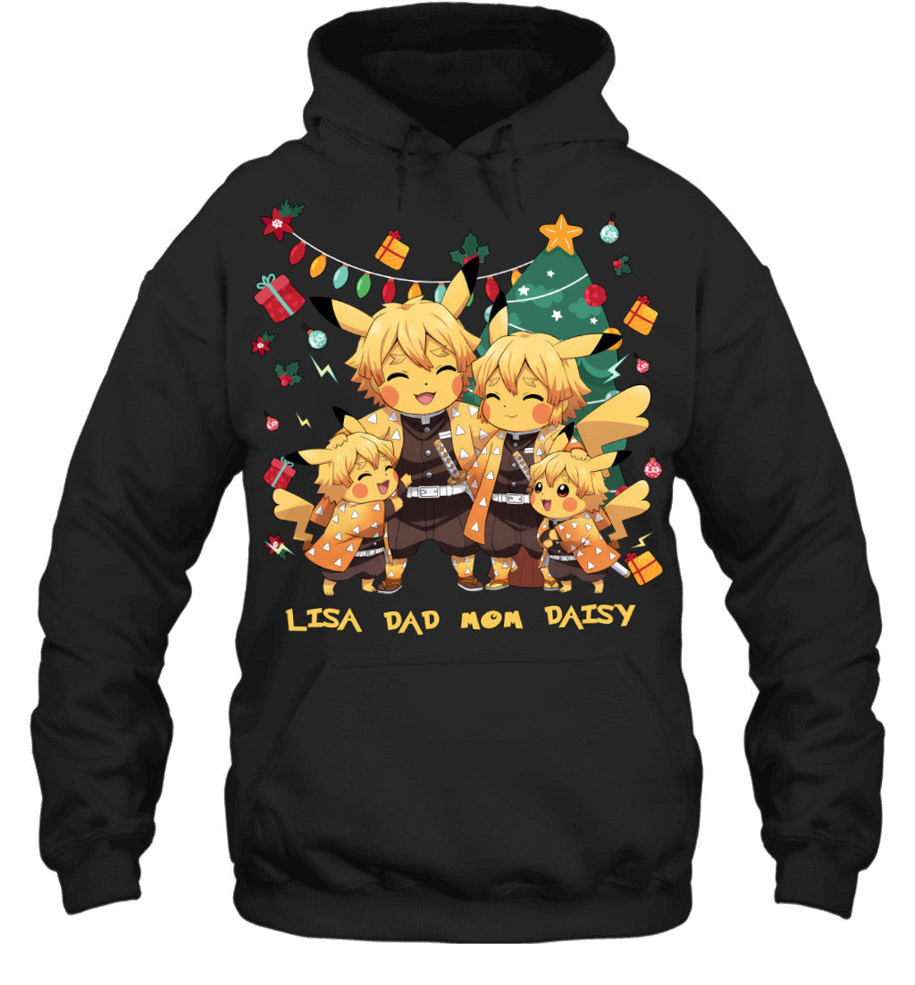 Pikachu x Zenitsu Parents & Daughters Custom Name Christmas T-Shirt for Family
