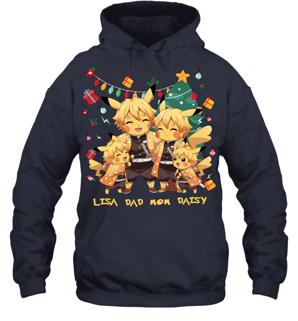 Pikachu x Zenitsu Parents & Daughters Custom Name Christmas T-Shirt for Family