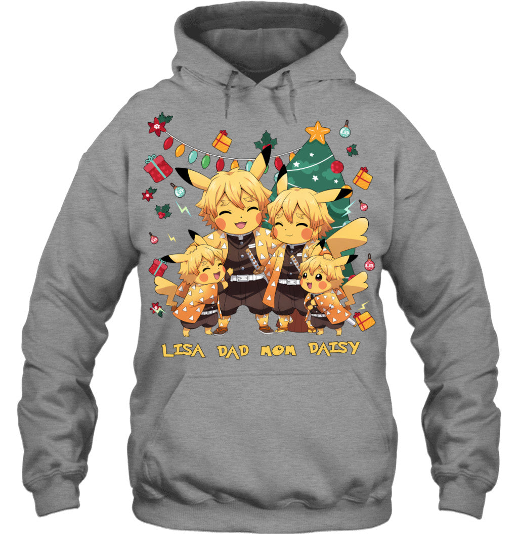 Pikachu x Zenitsu Parents & Daughters Custom Name Christmas T-Shirt for Family