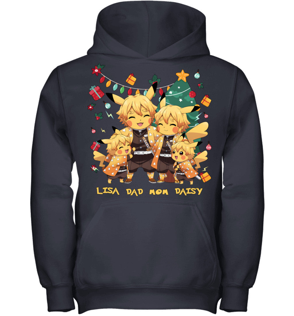 Pikachu x Zenitsu Parents & Daughters Custom Name Christmas T-Shirt for Family