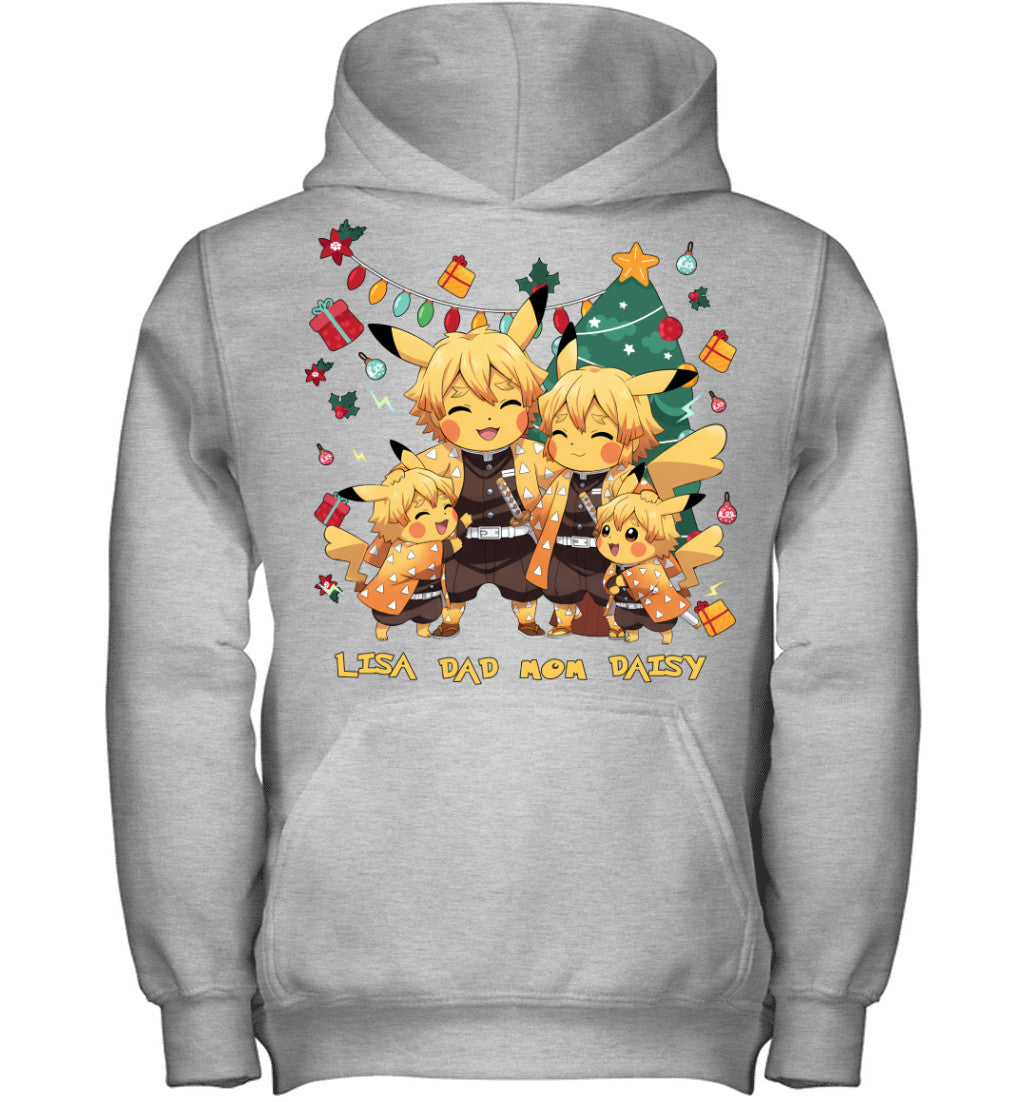 Pikachu x Zenitsu Parents & Daughters Custom Name Christmas T-Shirt for Family