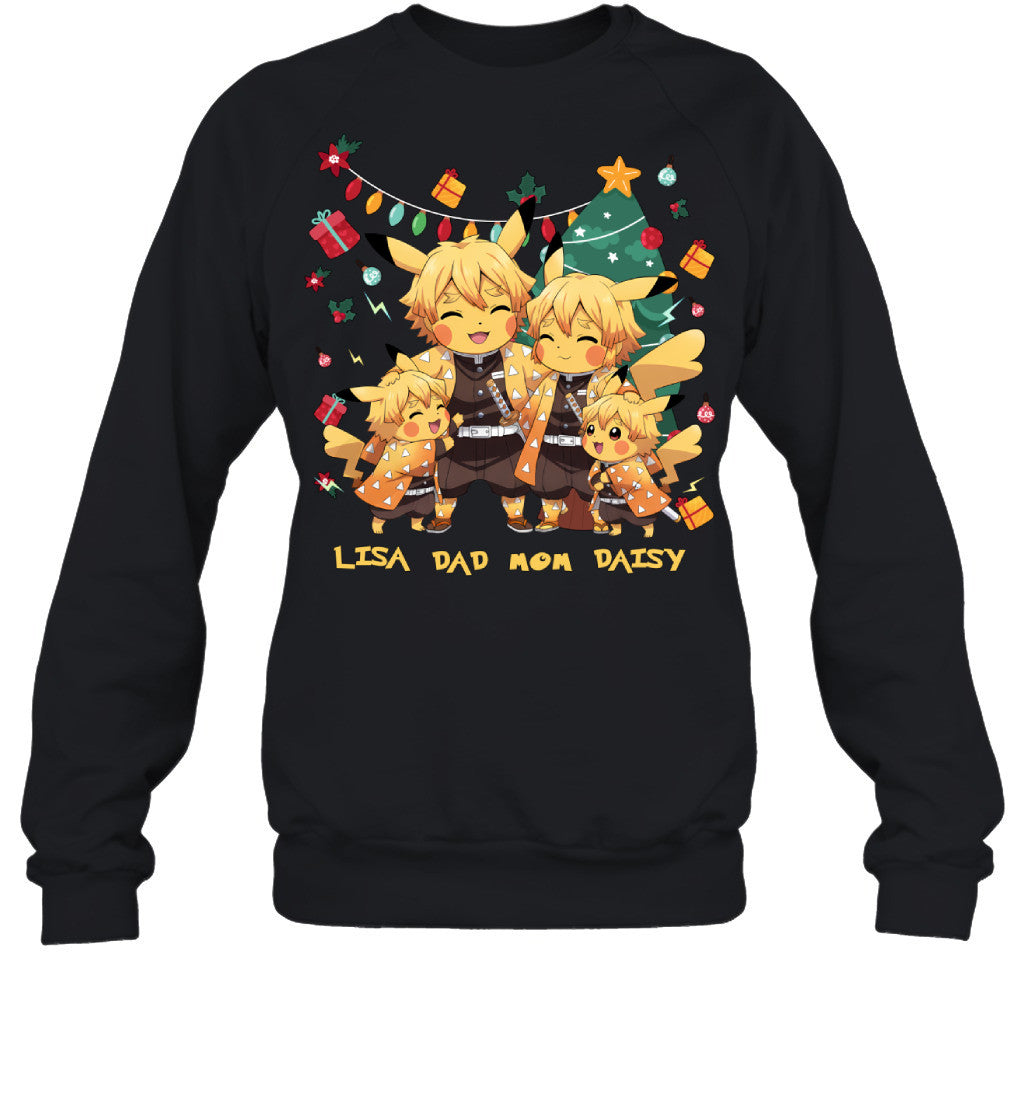 Pikachu x Zenitsu Parents & Daughters Custom Name Christmas T-Shirt for Family