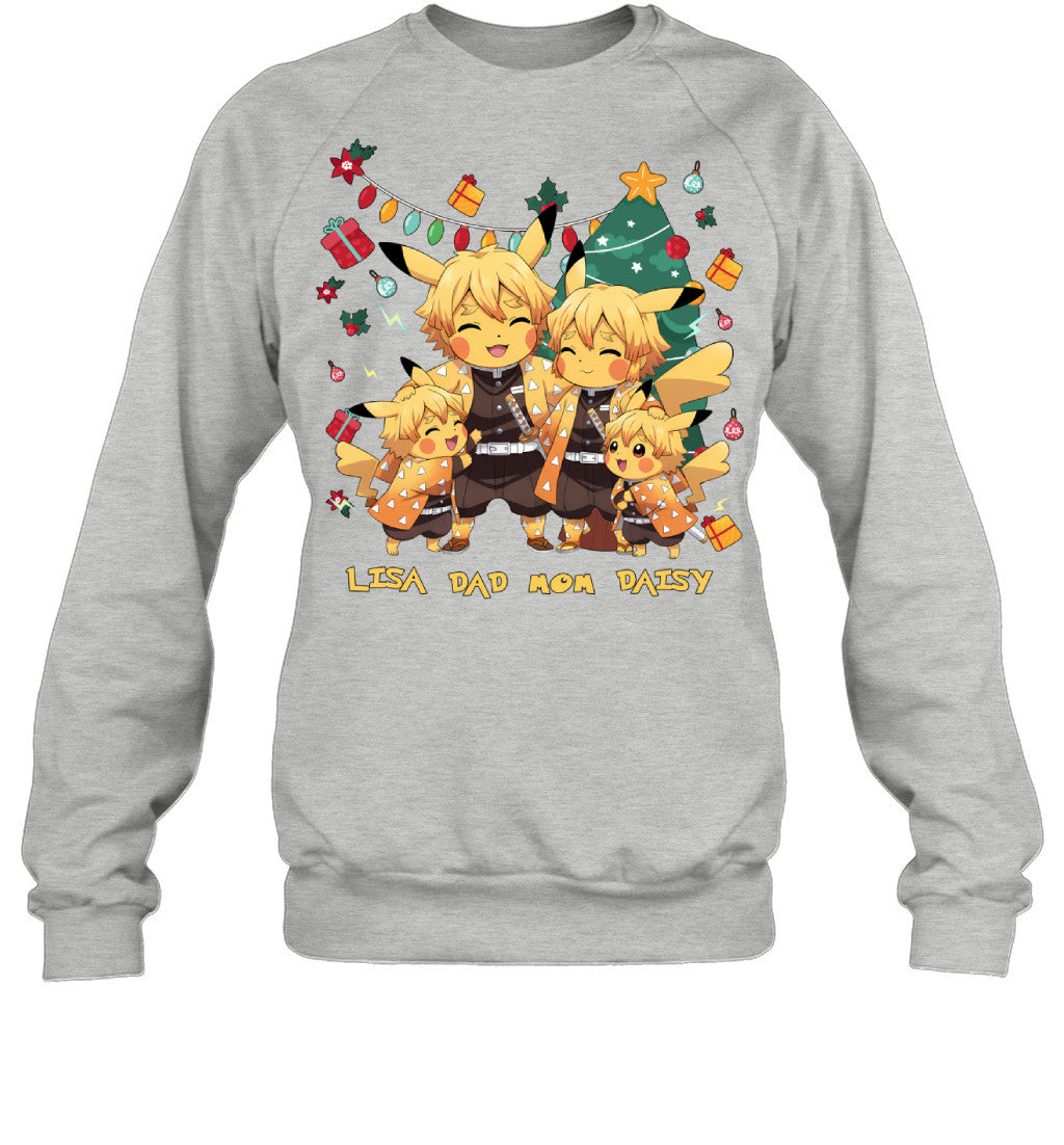 Pikachu x Zenitsu Parents & Daughters Custom Name Christmas T-Shirt for Family