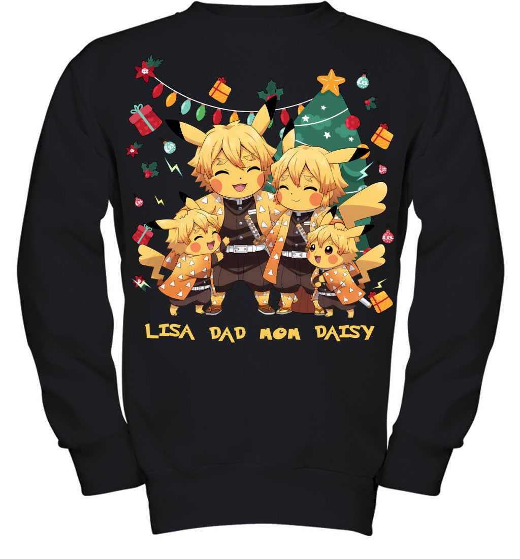 Pikachu x Zenitsu Parents & Daughters Custom Name Christmas T-Shirt for Family