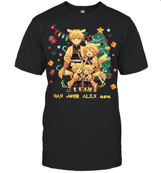 Pikachu x Zenitsu Parents & Sons Custom Name Christmas T-Shirt for Family