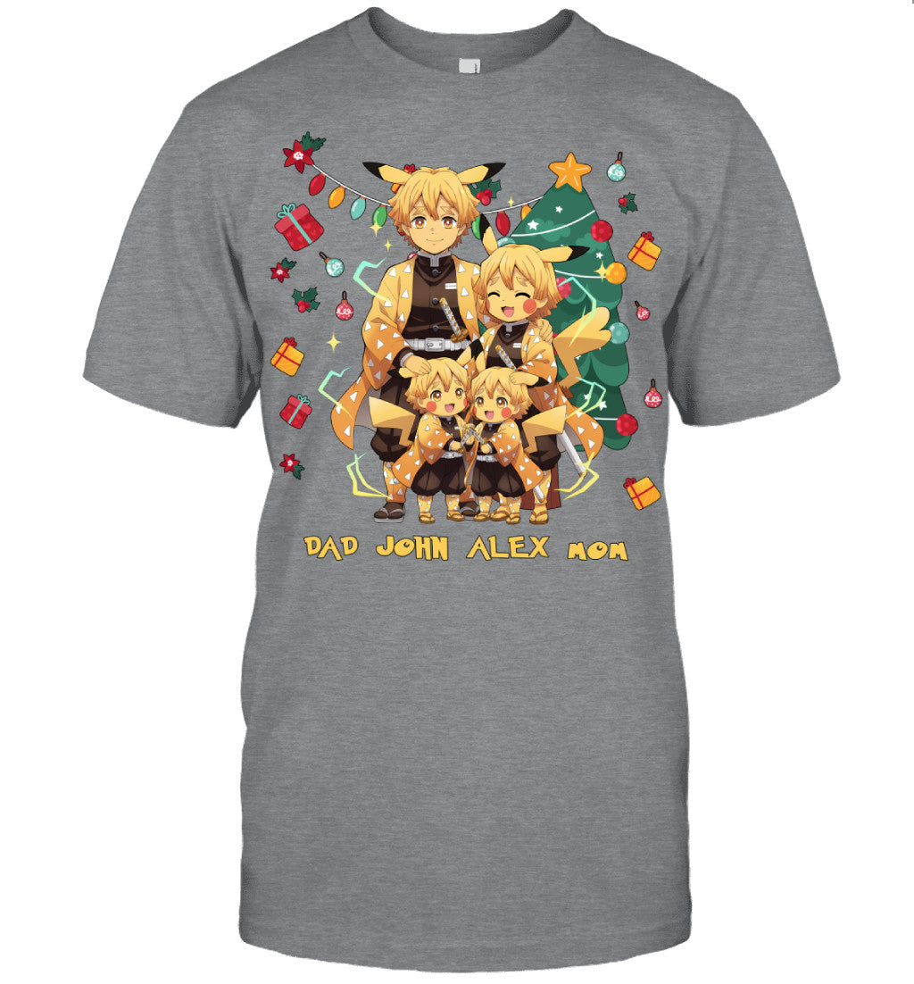 Pikachu x Zenitsu Parents & Sons Custom Name Christmas T-Shirt for Family
