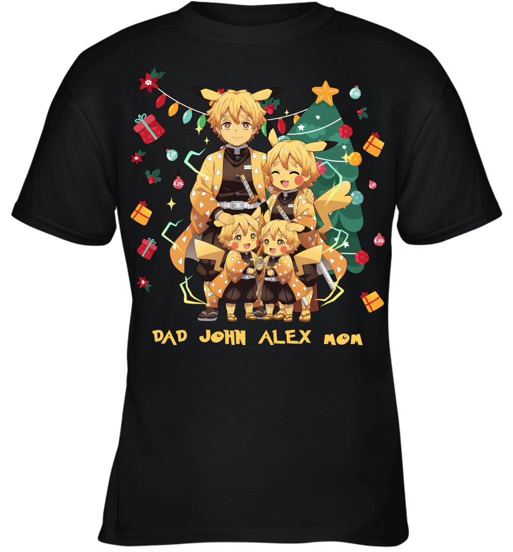 Pikachu x Zenitsu Parents & Sons Custom Name Christmas T-Shirt for Family