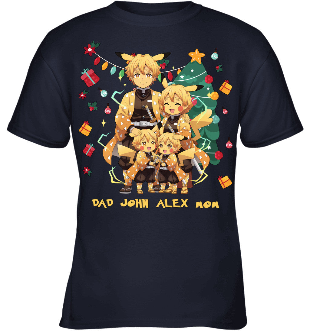 Pikachu x Zenitsu Parents & Sons Custom Name Christmas T-Shirt for Family