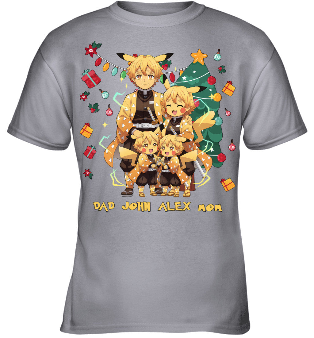 Pikachu x Zenitsu Parents & Sons Custom Name Christmas T-Shirt for Family