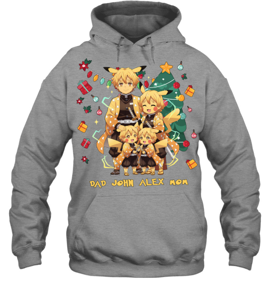 Pikachu x Zenitsu Parents & Sons Custom Name Christmas T-Shirt for Family
