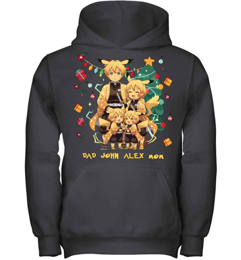 Pikachu x Zenitsu Parents & Sons Custom Name Christmas T-Shirt for Family