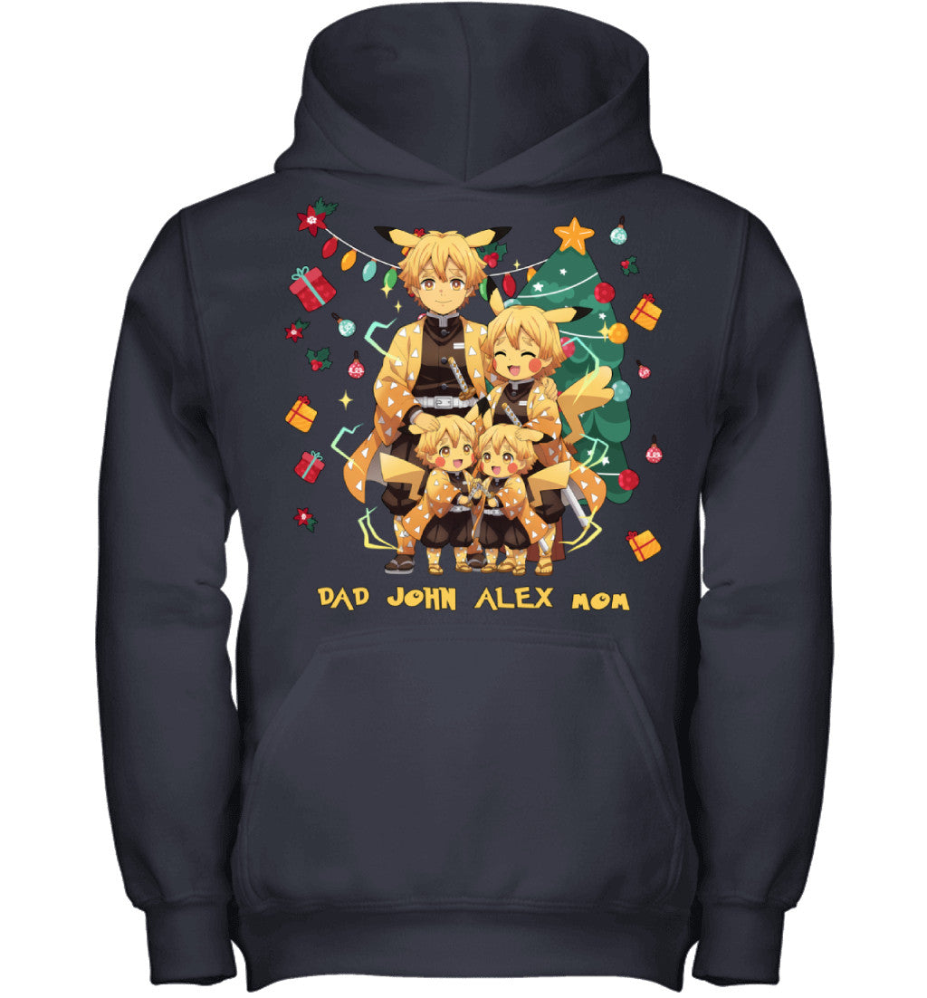 Pikachu x Zenitsu Parents & Sons Custom Name Christmas T-Shirt for Family
