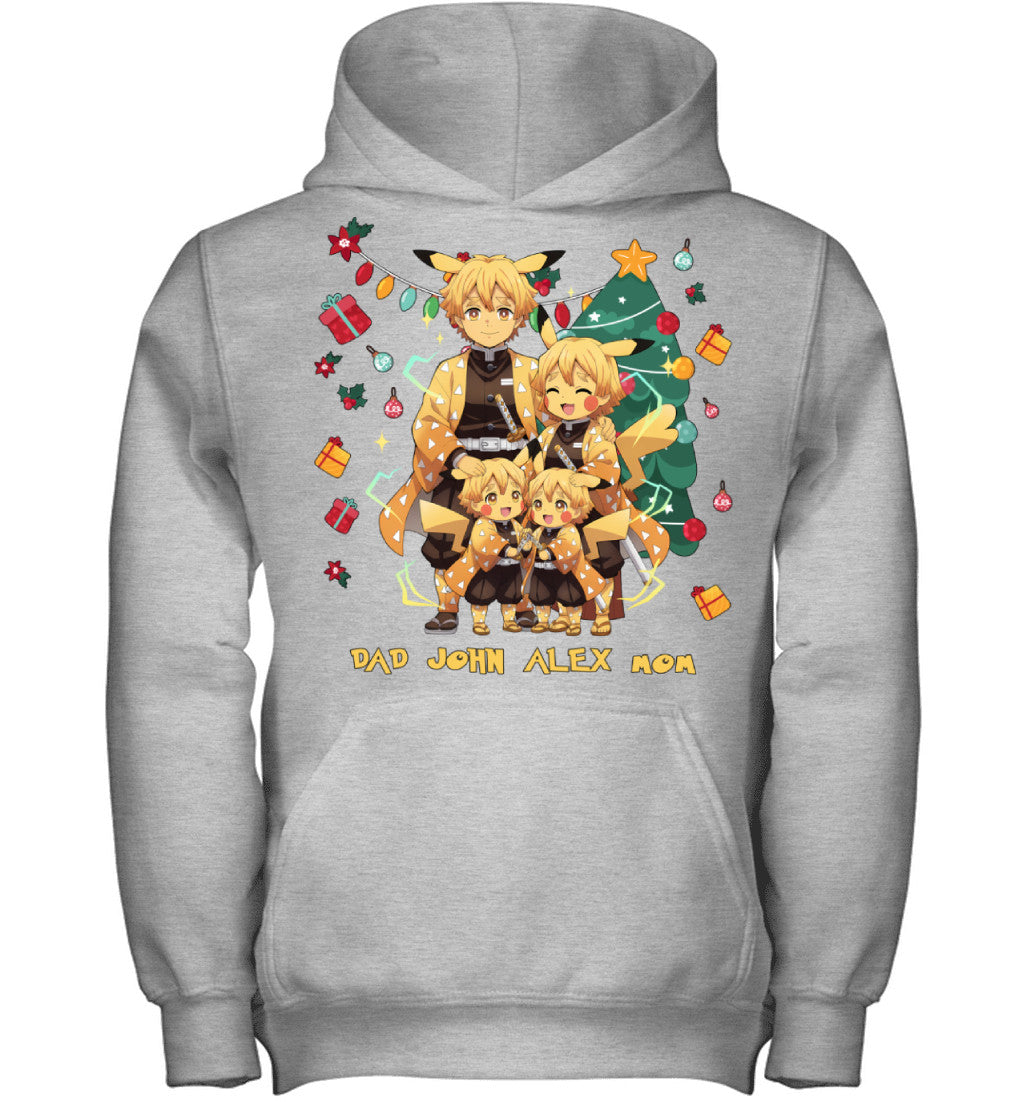 Pikachu x Zenitsu Parents & Sons Custom Name Christmas T-Shirt for Family