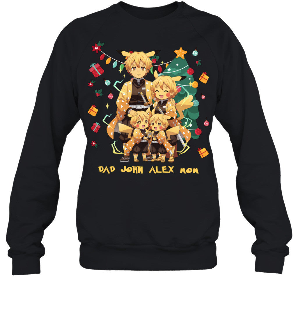 Pikachu x Zenitsu Parents & Sons Custom Name Christmas T-Shirt for Family