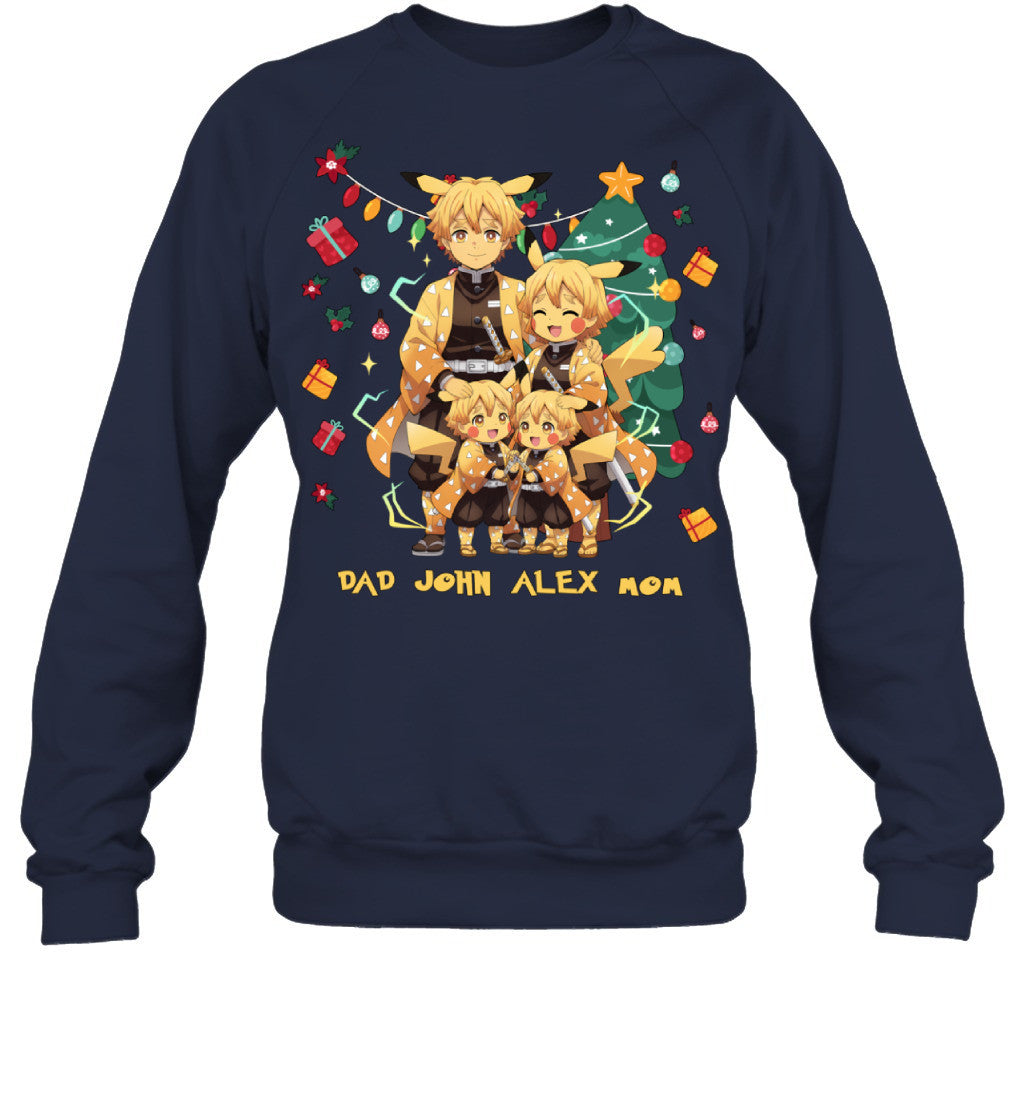 Pikachu x Zenitsu Parents & Sons Custom Name Christmas T-Shirt for Family