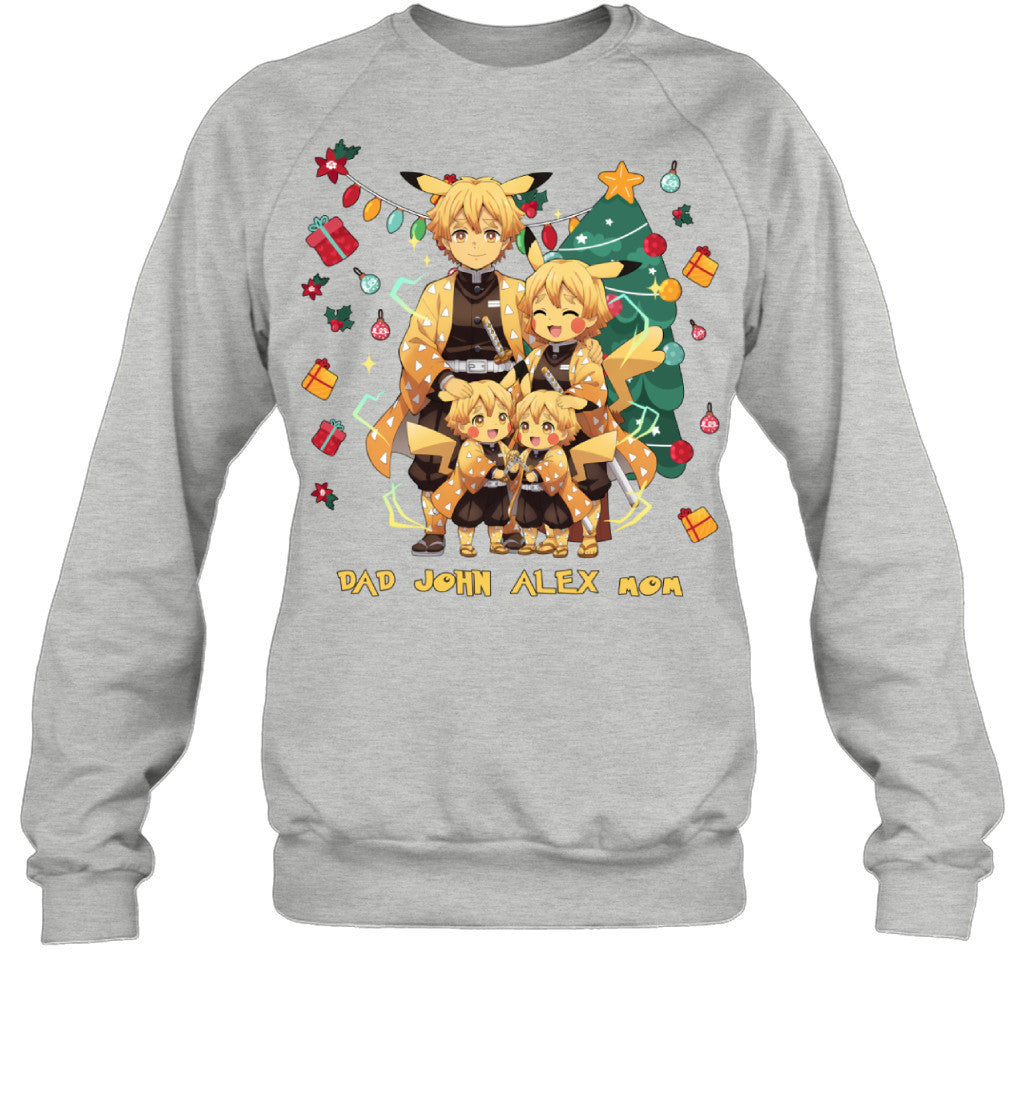 Pikachu x Zenitsu Parents & Sons Custom Name Christmas T-Shirt for Family