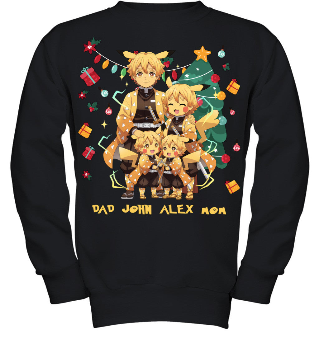Pikachu x Zenitsu Parents & Sons Custom Name Christmas T-Shirt for Family