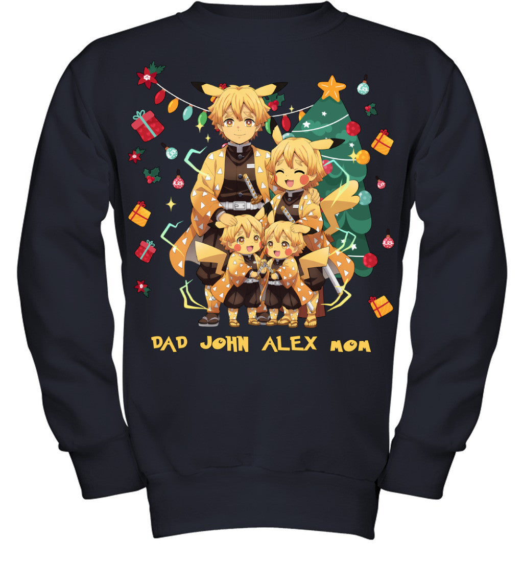 Pikachu x Zenitsu Parents & Sons Custom Name Christmas T-Shirt for Family